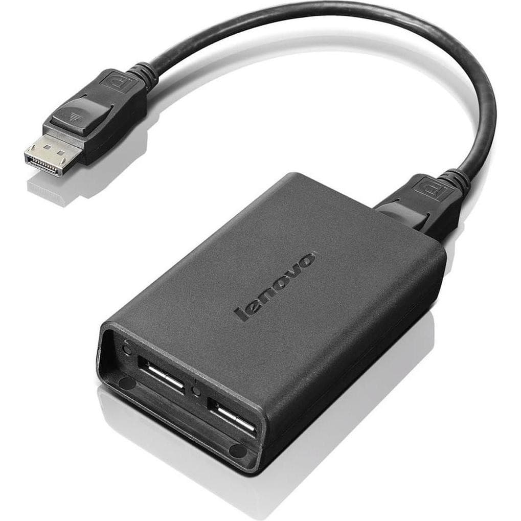 Black Lenovo USB adapter with a rectangular body, featuring two USB ports and a USB connector cable, designed for connecting devices.
