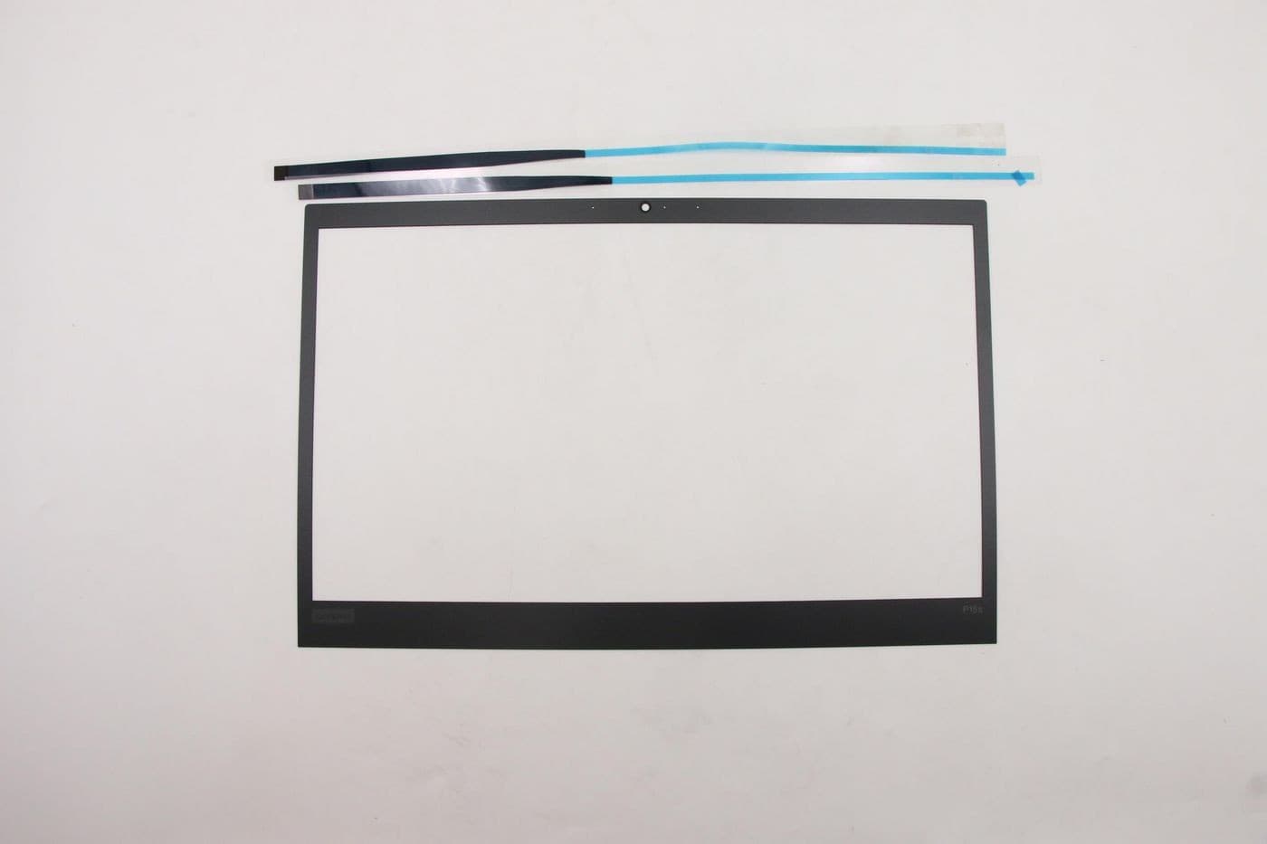Black Lenovo Ezel screen frame with a rectangular cutout, accompanied by adhesive strips in blue and black, designed for Lenovo devices.