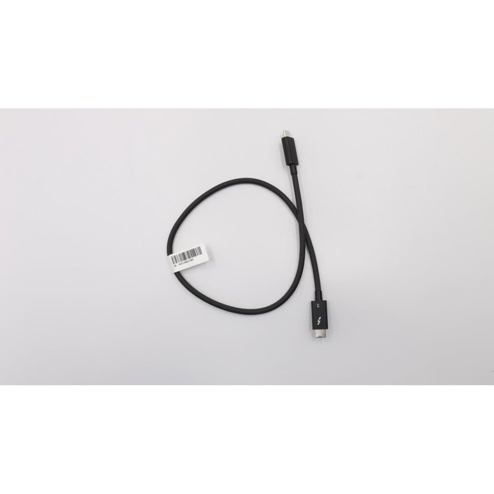 Black USB cable with a small connector on one end and a standard connector on the other, featuring a white lightning bolt symbol and a barcode label attached.