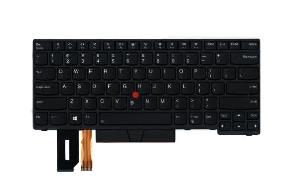 Black Lenovo laptop keyboard with a compact layout, featuring a red TrackPoint in the center, and a flexible connector strip at the bottom for installation.