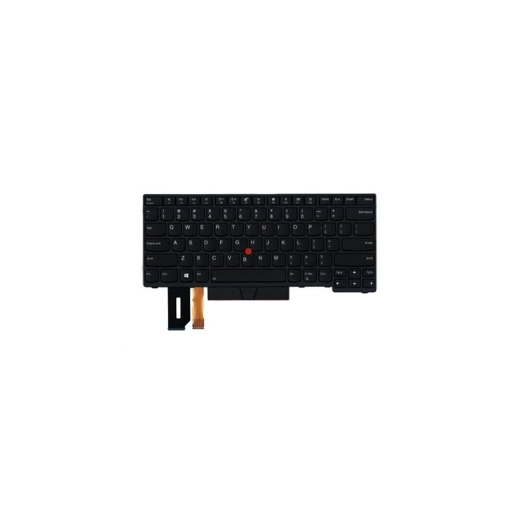 Black Lenovo laptop keyboard with a standard layout, featuring a red TrackPoint in the center, and a flexible connector on the left side for installation.