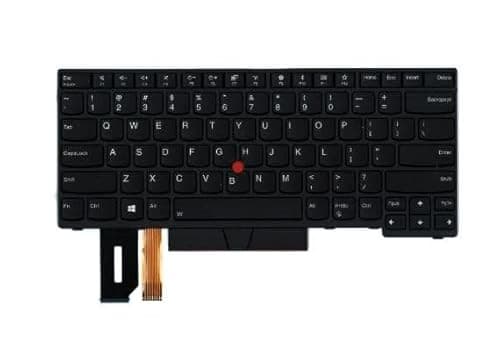 Black Lenovo FRU01YP406 laptop keyboard featuring a standard QWERTY layout, with a red TrackPoint, function keys, and a flexible connector at the bottom.