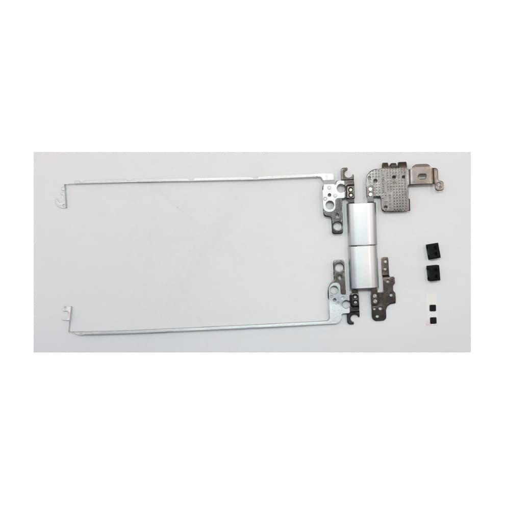 Lenovo Hinges L+R set features metallic silver and black components, including two long metal arms and additional small black plastic pieces for laptop assembly.