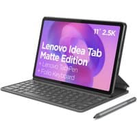 Lenovo Idea Tab 11" with detachable folio keyboard, stylus, and vibrant display showing product details.