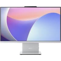 Lenovo IdeaCentre AIO 27ARR9, 27" display, slim silver stand, minimal bezel, vibrant screen with abstract pastel design.