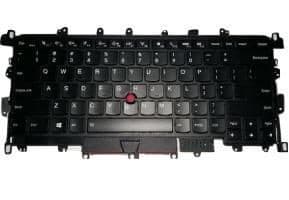 Black Lenovo keyboard featuring QWERTY layout, red TrackPoint in the center, and function keys at the top, designed for durability and precision in typing.