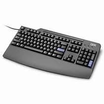 Black Lenovo keyboard with a US/English layout, featuring a sleek design, standard keys, and purple accents on specific function keys.