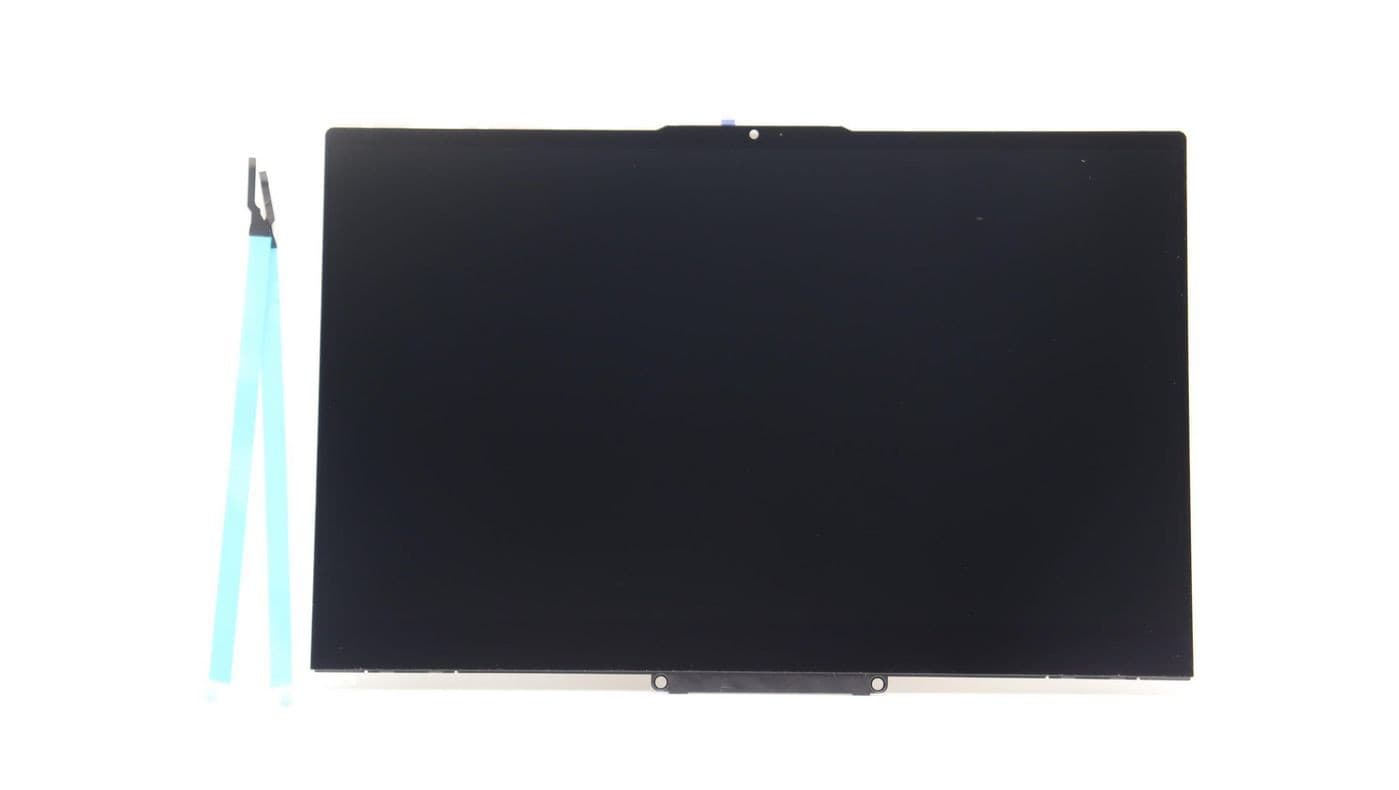 Lenovo 14-inch FHD touch display with anti-glare IPS technology, featuring a sleek black screen and accompanied by blue plastic tools for installation.