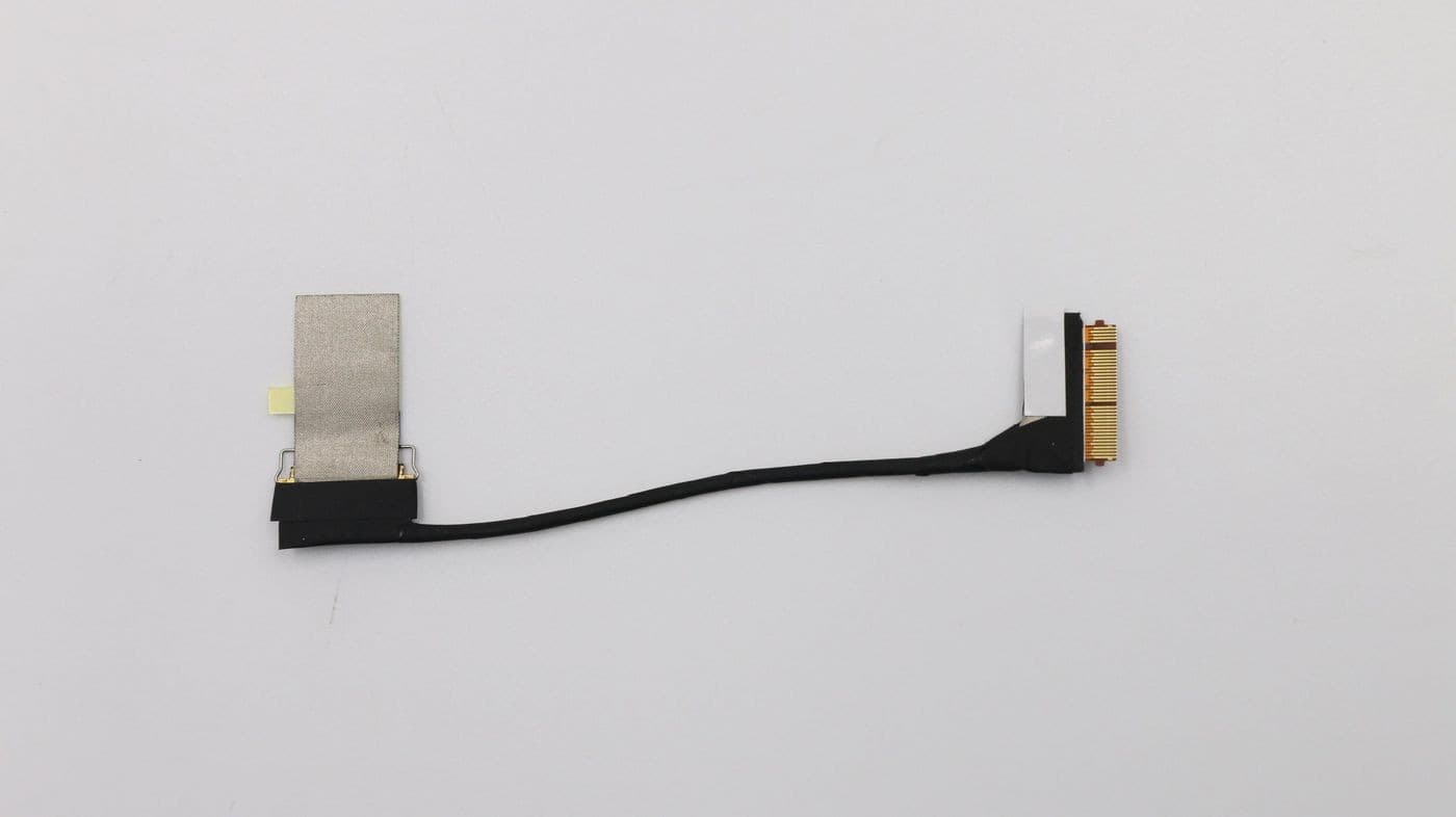 Lenovo LCD FHD cable featuring a flat, black wire connecting two connectors, one with a gold pin interface and the other with a metal casing.