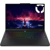 Lenovo Legion Pro 5 gaming laptop, 16-inch, black, with RGB keyboard and vibrant display showing a futuristic scene.