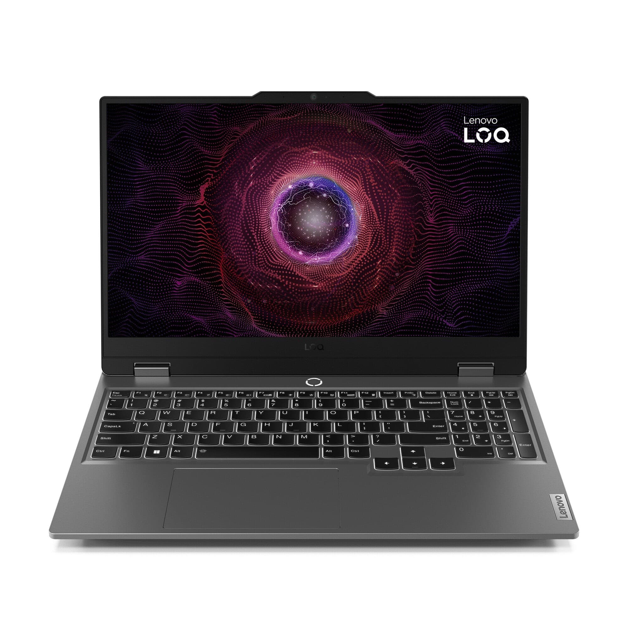 Lenovo LOQ 15ARP9 laptop with a sleek black design, 15.6" Full HD display, backlit keyboard, and NVIDIA GeForce RTX 4050, featuring Windows 11 and Wi-Fi 6 connectivity.