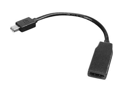 Black Lenovo Mini DisplayPort to HDMI adapter with a short cable, featuring a rectangular HDMI connector and a smaller Mini DisplayPort connector.