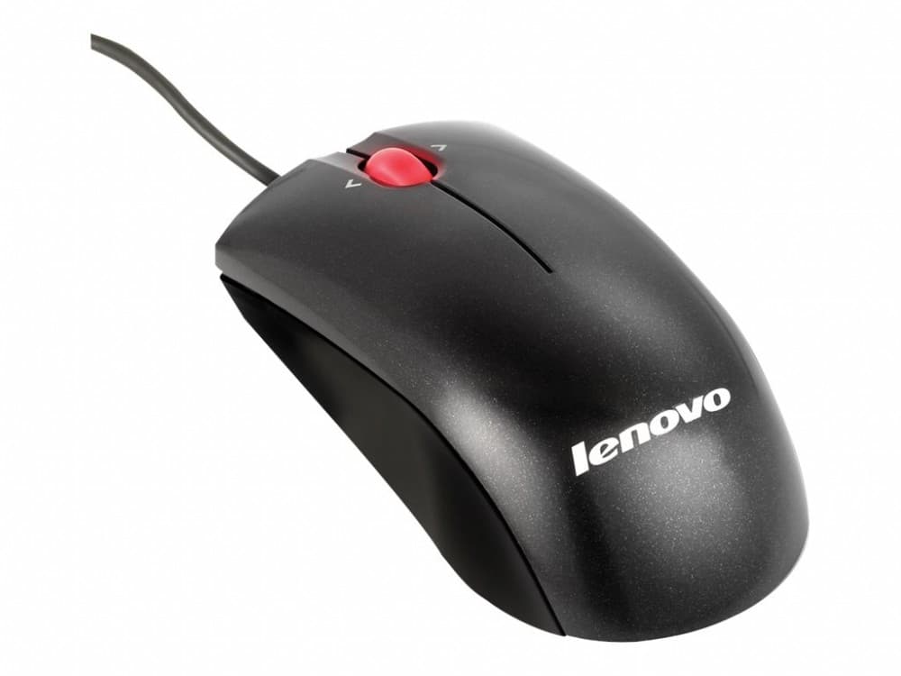 Black Lenovo laser mouse with a smooth surface, featuring a red scroll wheel and two buttons, designed for PS/2 connection.