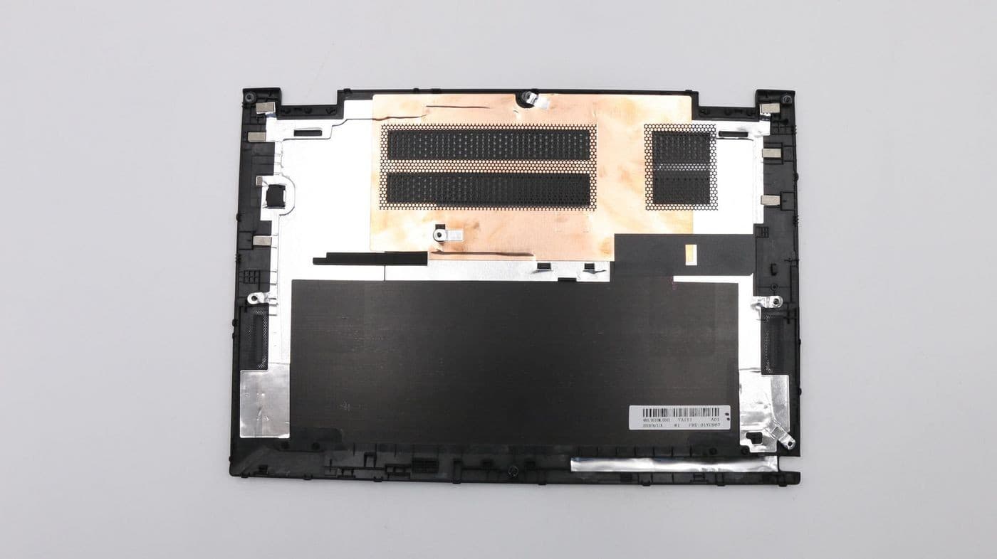 Lenovo Oom Cover Lck in black with a metallic finish, featuring copper and silver components, and various cutouts for ports and ventilation.