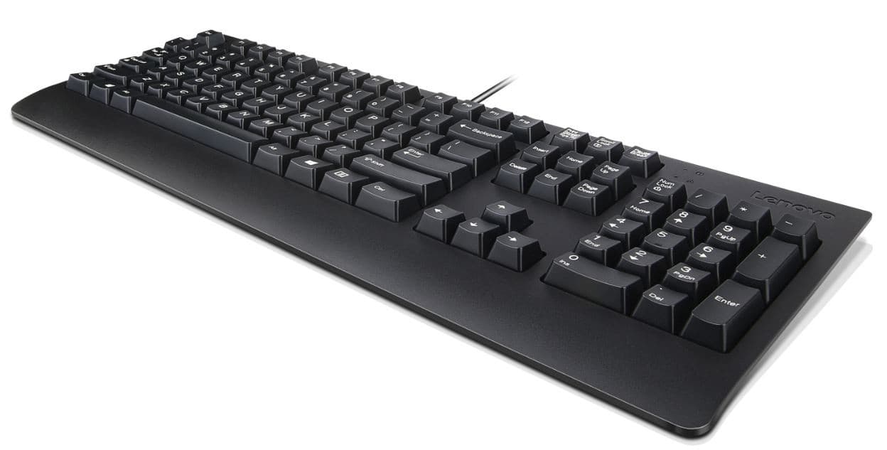 Black Lenovo Preferred Pro II Keyboard with a universal USB connection, featuring a QWERTY layout and durable keys, designed for a comfortable typing experience.