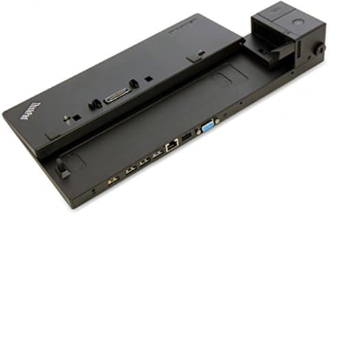 Black Lenovo Pro Dock features multiple ports, including USB and HDMI, with a sleek design and a sturdy build, ideal for connecting laptops and peripherals.
