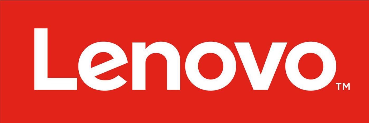 Bold white "Lenovo" logo on a vibrant red background, featuring a clean, modern font with a trademark symbol.