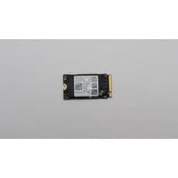 Black Lenovo SSD with gold connector, compact M.2 2242 form factor, labeled with QR codes and technical details.