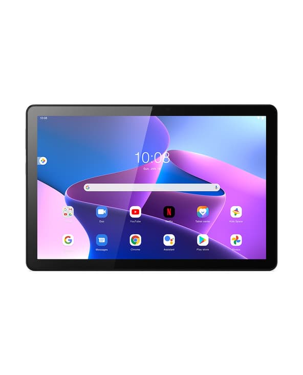 Lenovo Tab M10 (3rd Gen) in black, featuring a 10.1-inch display with vibrant colors, 64 GB storage, 4 GB RAM, and Wi-Fi 5 connectivity, showcasing app icons on the screen.