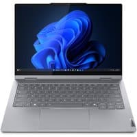 Silver Lenovo ThinkBook 14 2-in-1 laptop with Intel Core Ultra, hybrid design, and edge-to-edge display.