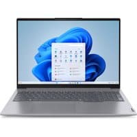 Grey Lenovo ThinkBook 16 G7 laptop with 16-inch display, slim bezels, and Windows 11 Pro interface on screen.