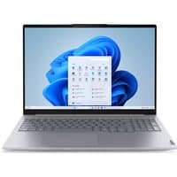 Lenovo ThinkBook 16 G8 laptop, silver, slim bezels, full keyboard, Windows interface on screen.