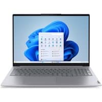 Silver Lenovo ThinkBook 16-inch laptop, slim design, Windows 11 Pro interface on screen, full keyboard.
