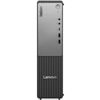 Black Lenovo ThinkCentre desktop tower with vertical grooves, silver front panel, and multiple USB ports.