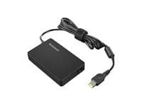Black Lenovo ThinkPad 65W Slim AC Adapter with a slim tip connector and a coiled power cord, featuring a textured surface and the Lenovo logo on top.