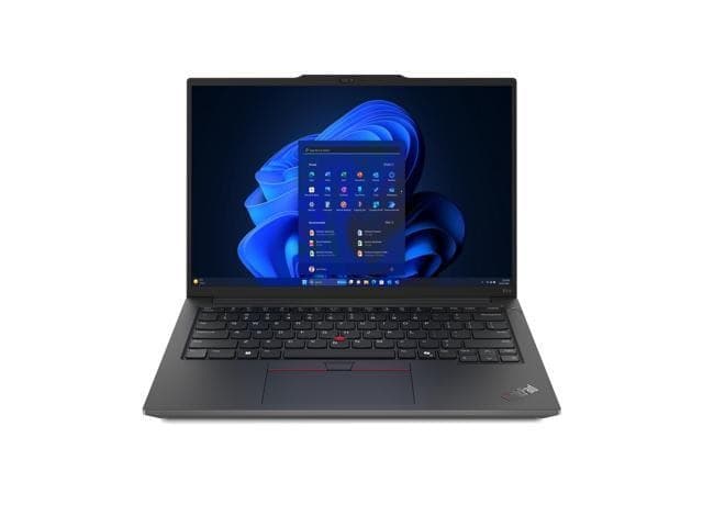 Lenovo ThinkPad E14 Gen 6 laptop with a sleek black finish, 14" WUXGA display, AMD Ryzen 7 processor, 16 GB RAM, 512 GB SSD, and Windows 11 Pro interface on screen.