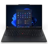 Black Lenovo ThinkPad E14 Gen 7 laptop with Intel Core Ultra 7, featuring a sleek design and backlit keyboard.