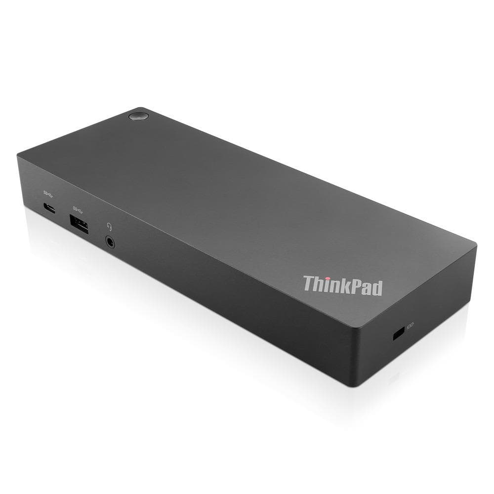 Black Lenovo ThinkPad Hybrid USB-C with USB-A Dock features a sleek design, multiple ports including USB 3.2 Gen 2, and a prominent ThinkPad logo on the side.