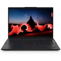Black Lenovo ThinkPad L16 Gen 1 laptop with AMD Ryzen 3, 40.6" display, red accents, and backlit keyboard.