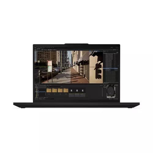 Lenovo ThinkPad P16s Gen 4 laptop with a sleek black design, featuring a 16" WUXGA display, showcasing software interface, and equipped with AMD Ryzen AI 9 HX PRO, 64 GB RAM, and 1 TB SSD.