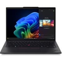 Lenovo ThinkPad T14 Gen 6 laptop, black, with AMD Ryzen AI, backlit keyboard, and vibrant display showing colorful graphics.