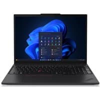 Black Lenovo ThinkPad T14 Ultra laptop, 14-inch screen, backlit keyboard, Windows 11 Pro interface displayed.