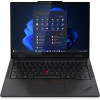 Black Lenovo ThinkPad T14s 2-in-1 laptop, 14" touchscreen, sleek design fully fully fully open with visible keyboard.