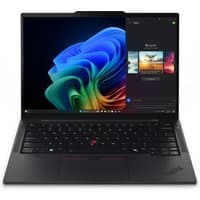 Black Lenovo ThinkPad T14s Gen 6 laptop with 14" display, Intel Core Ultra 7, sleek design, backlit keyboard.