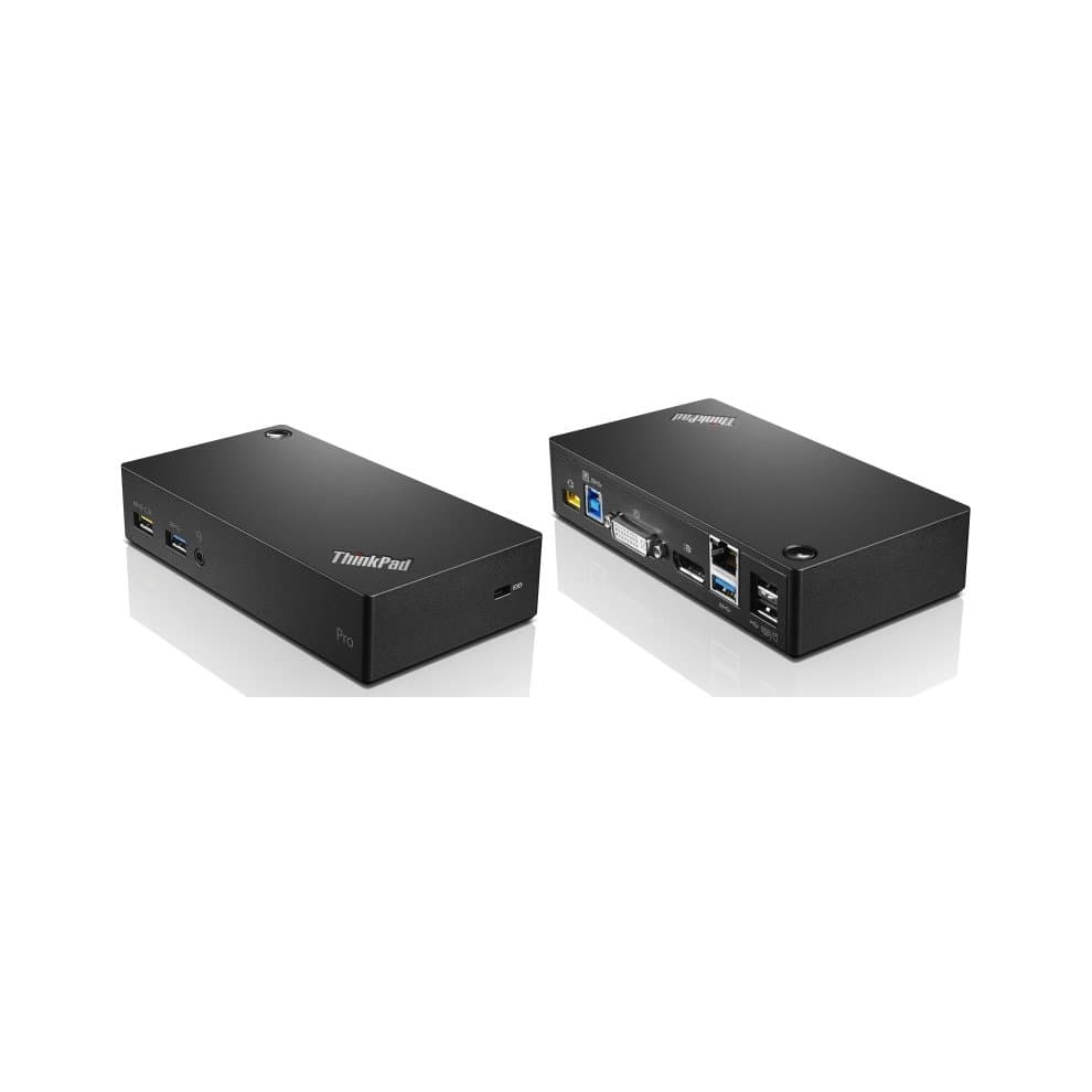 Black Lenovo ThinkPad USB 3.0 Ultra Dock featuring multiple USB ports, an Ethernet port, and a sleek, compact design for enhanced connectivity.