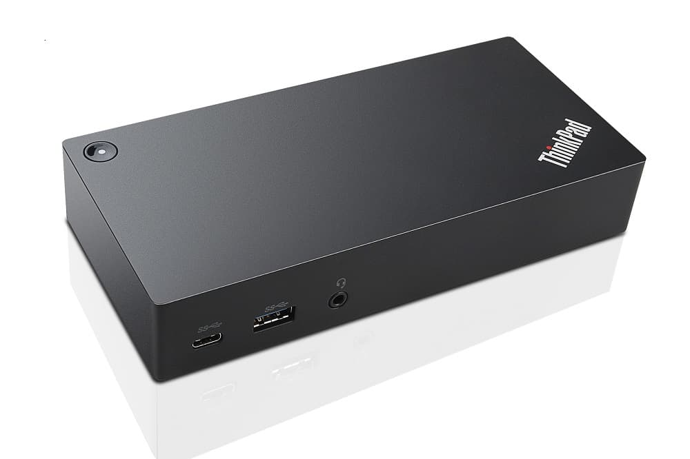 Black Lenovo ThinkPad USB-C hub featuring multiple ports including USB 3.2 Gen 1, a headphone jack, and a sleek, rectangular design with the ThinkPad logo.