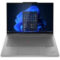 Grey Lenovo ThinkPad X1 2-in-1 laptop, 14" touchscreen, sleek design, backlit keyboard, Windows 11 interface displayed.