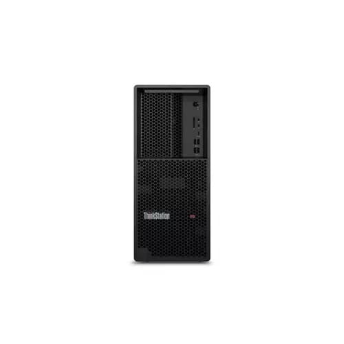 Black Lenovo ThinkStation P3 Tower Gen 2 with a perforated front panel, featuring multiple USB ports and a sleek design, designed for high-performance computing.