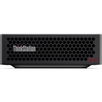 Lenovo ThinkStation PGX Mini, black with honeycomb front grille, compact design, ThinkStation logo on the left.