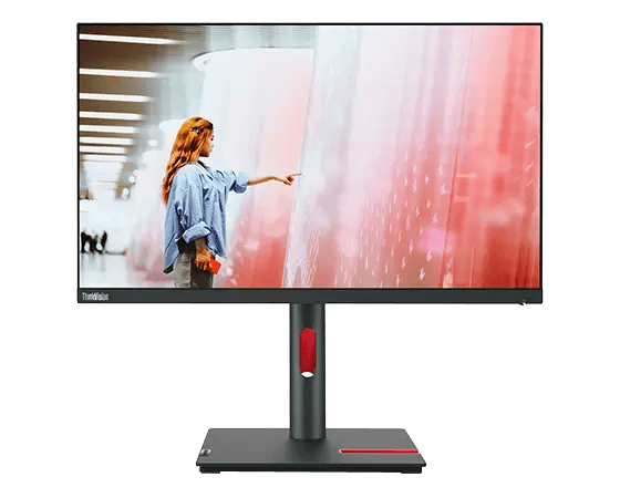 Lenovo ThinkVision P24q-30 monitor features a sleek black design with a 23.8" screen, ultra-thin bezels, and a height-adjustable stand with a red accent.