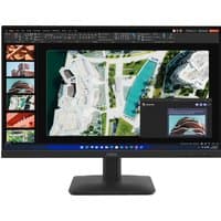 27-inch Lenovo ThinkVision S27-4e Monitor with slim bezels, black stand, displaying aerial cityscape on screen.