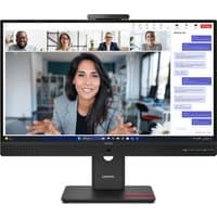 Black Lenovo ThinkVision T24-4v Monitor with slim bezels, built-in webcam, and ergonomic stand displaying a video call.