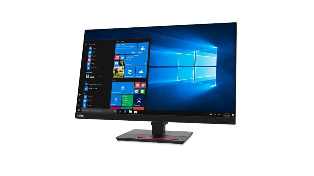 Lenovo ThinkVision T27q-20 monitor features a sleek black design with a 27-inch screen, 2560 x 1440 resolution, and a minimalist stand with a red accent.