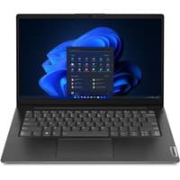 Lenovo V14 G4 laptop, 14-inch screen, black chassis, Windows 11 Pro interface visible, sleek and compact design.