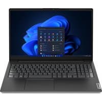 Black Lenovo V15 G3 IAP laptop with 15.6" display, Intel Core i3, numeric keypad, and Windows interface on screen.