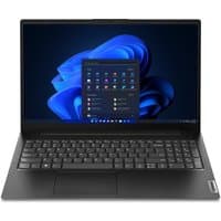 Black Lenovo V15 G4 laptop, 15.6" screen, AMD Ryzen 5, sleek design, Windows 11 interface displayed.